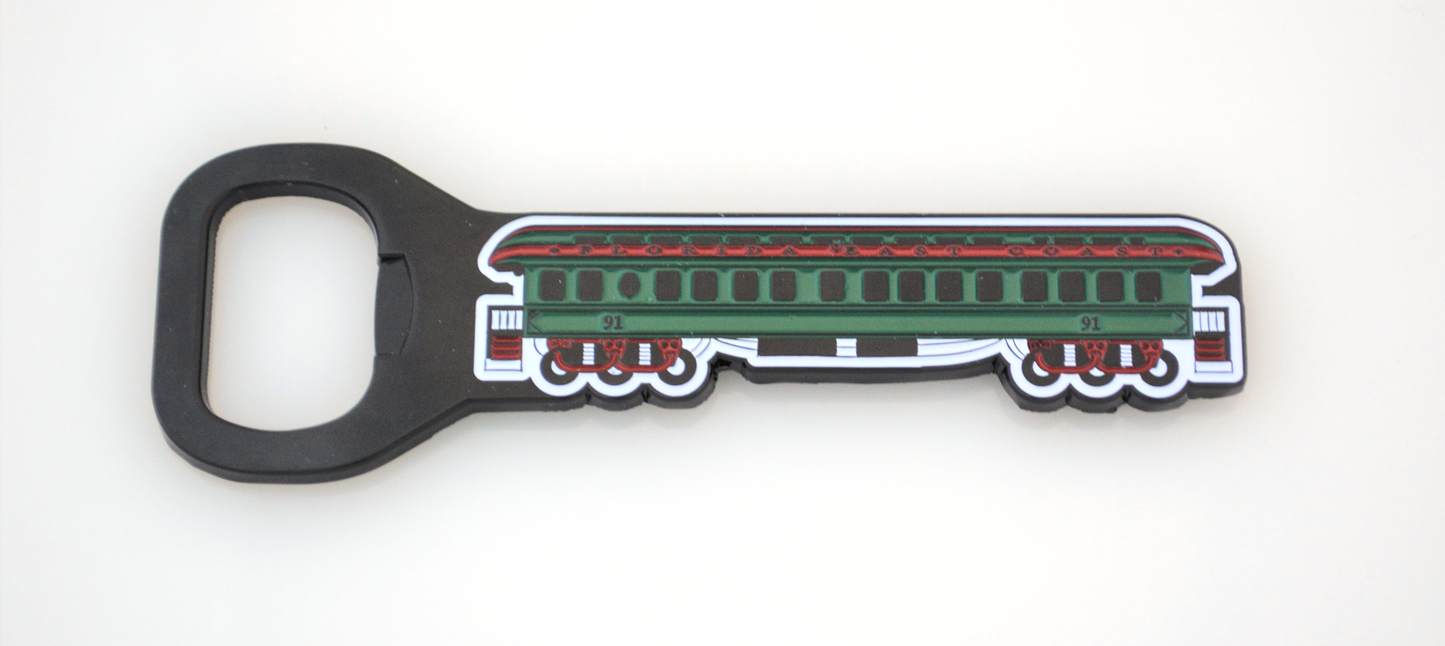 bottle opener with rail car motif