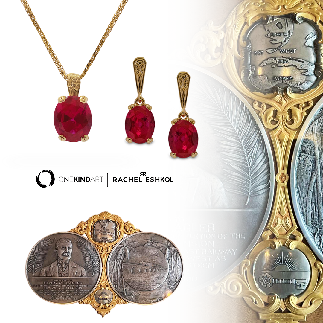 Photo of ruby earings, necklace, and Rachel Eshkol coin designs 